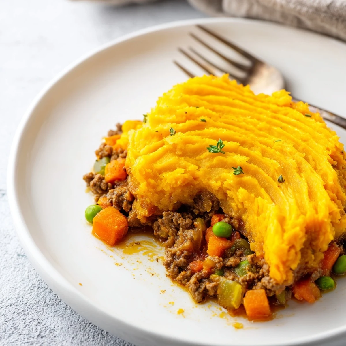 Creamy sweet potato mash crowns a baked beef shepherds pie, filled with tender vegetables and served fresh from the oven.