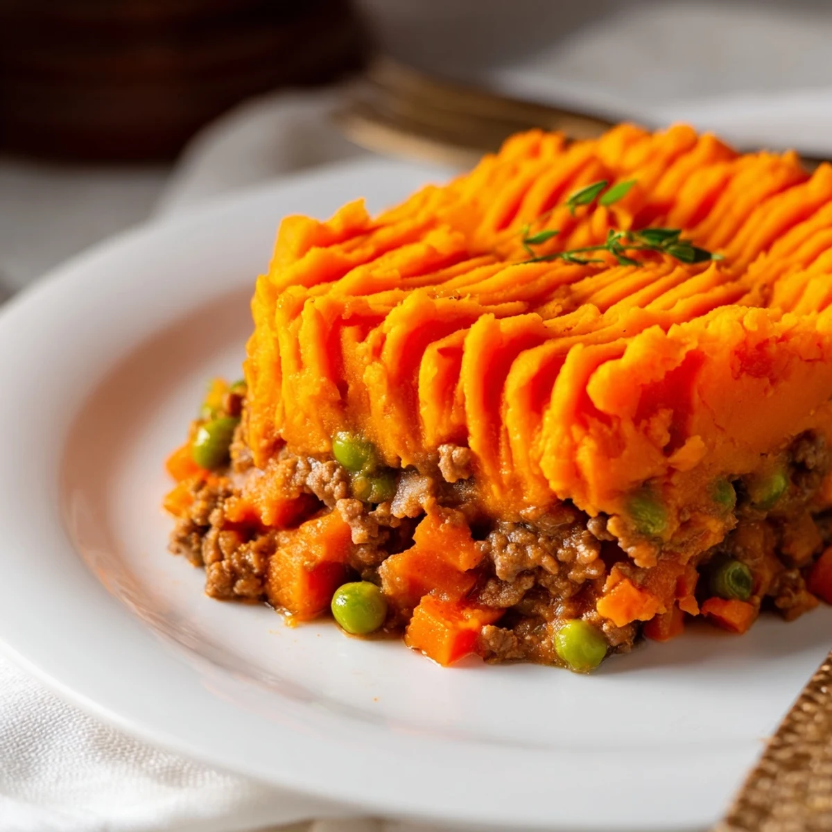 Golden-brown, ridged sweet potato mash tops a hearty beef shepherds pie, bubbling with carrots and peas in a savory gravy.