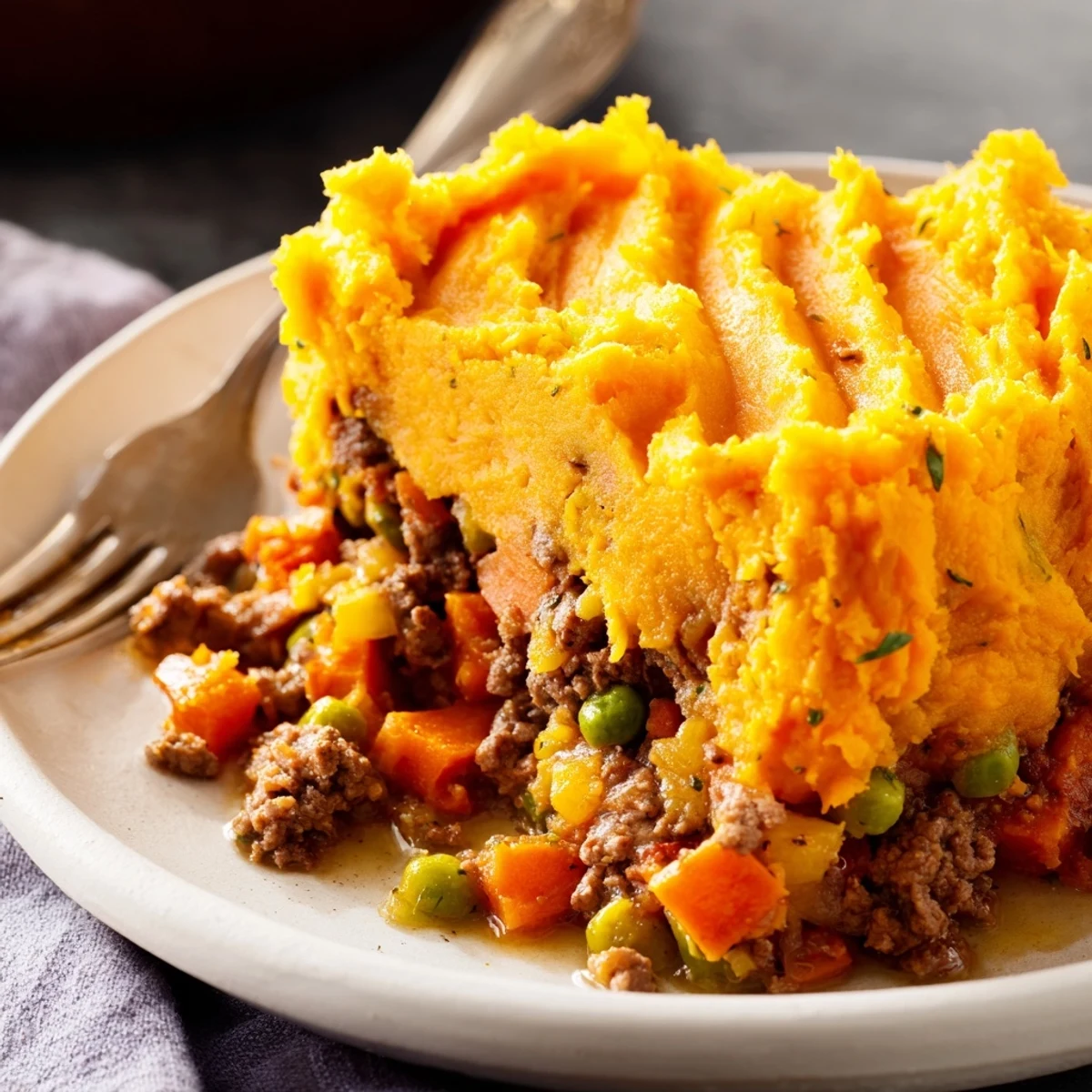 A fork lifts a serving of golden-topped beef shepherds pie, revealing savory ground beef and peas beneath a vibrant orange mash.