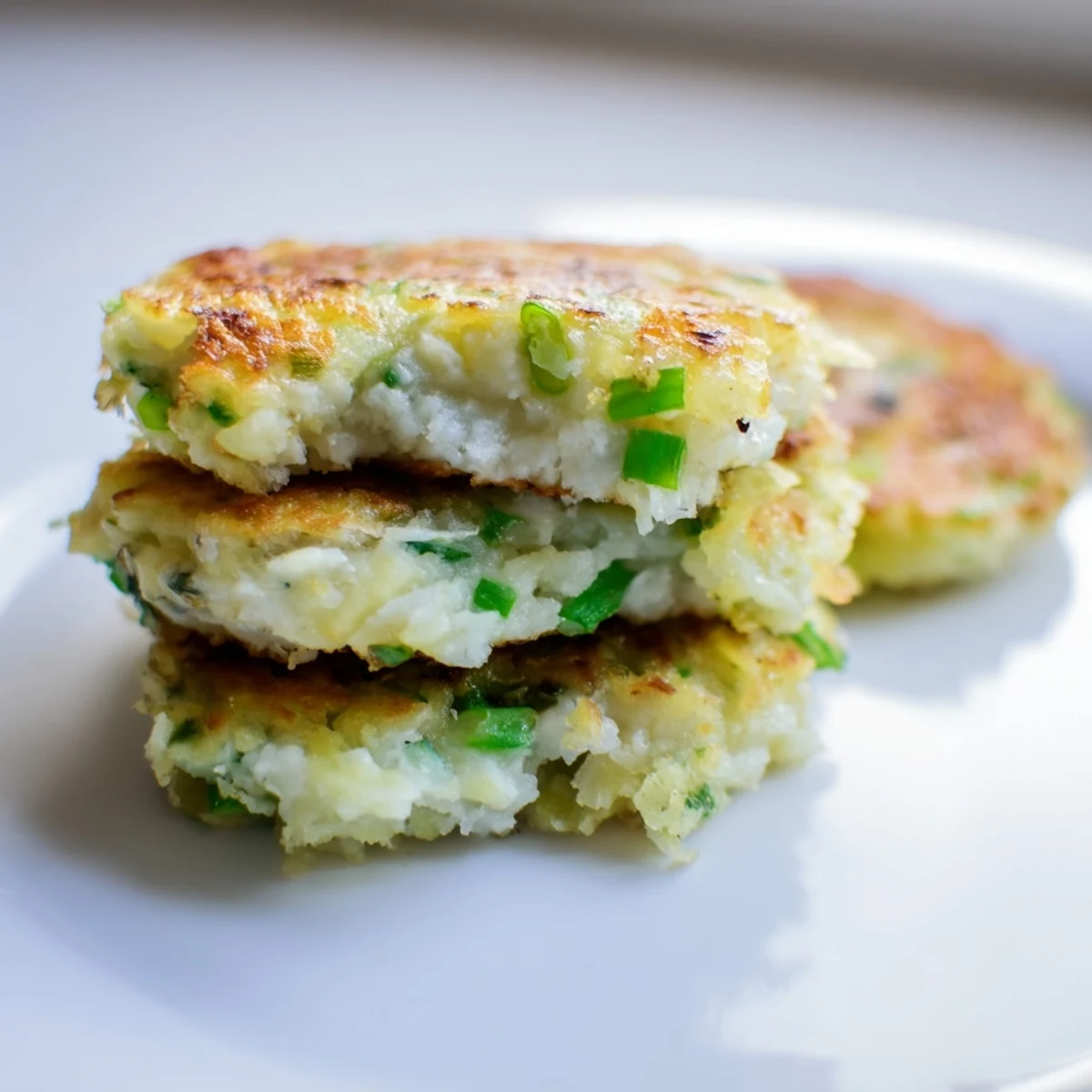 A stack of golden, crispy Irish Boxty Potato Pancakes with scallions, served warm for breakfast or as a savory side.