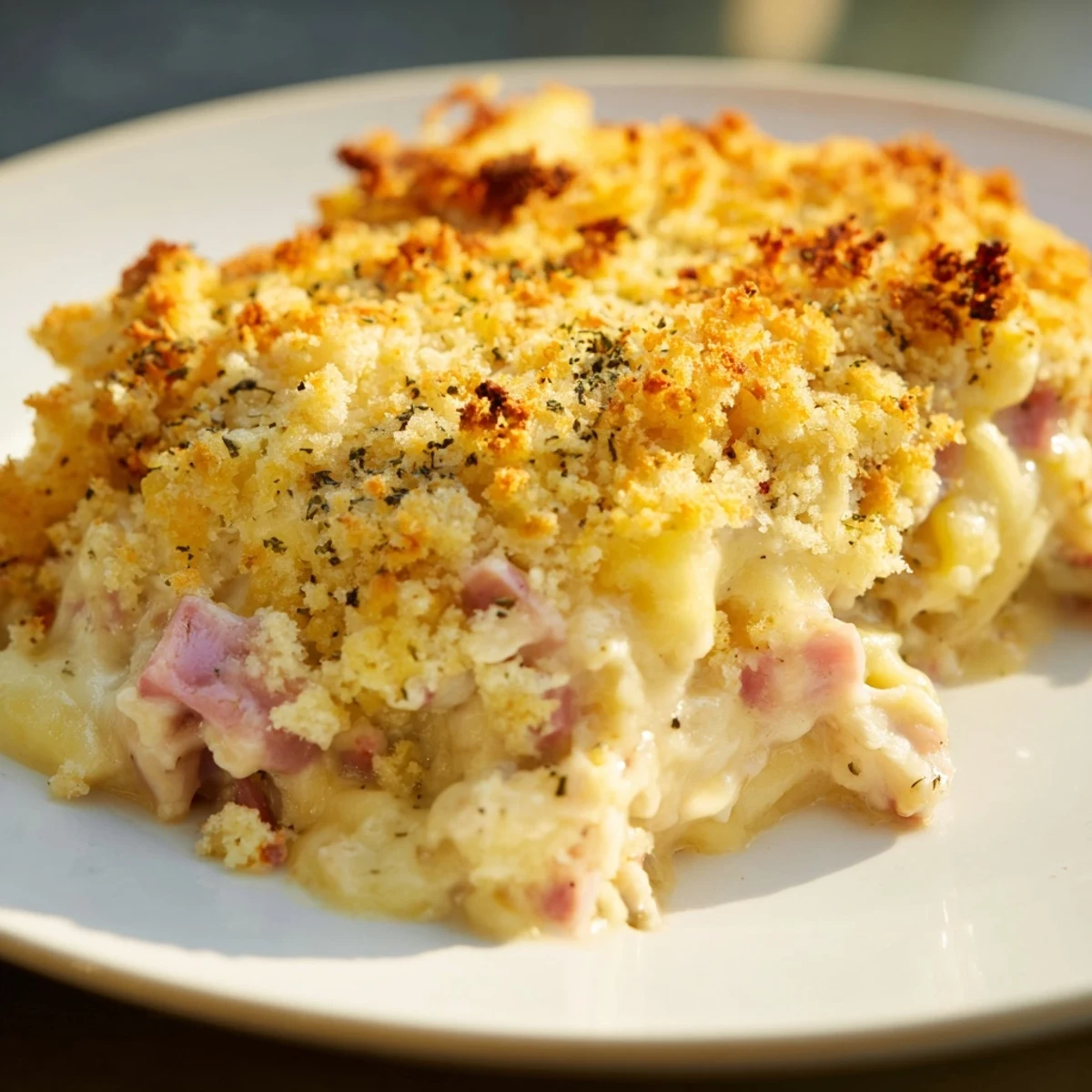 A family-style dish of Chicken Cordon Bleu Casserole served hot, revealing layers of tender chicken and melted Swiss cheese.