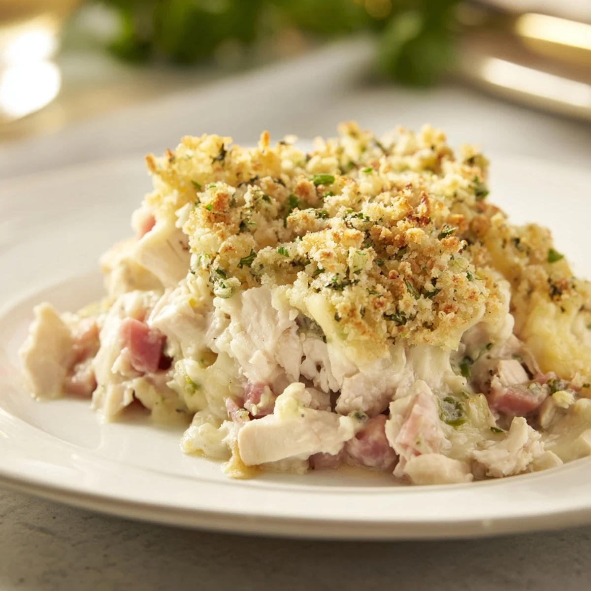 A close-up of golden, bubbly Chicken Cordon Bleu Casserole fresh from the oven with a crispy breadcrumb topping.