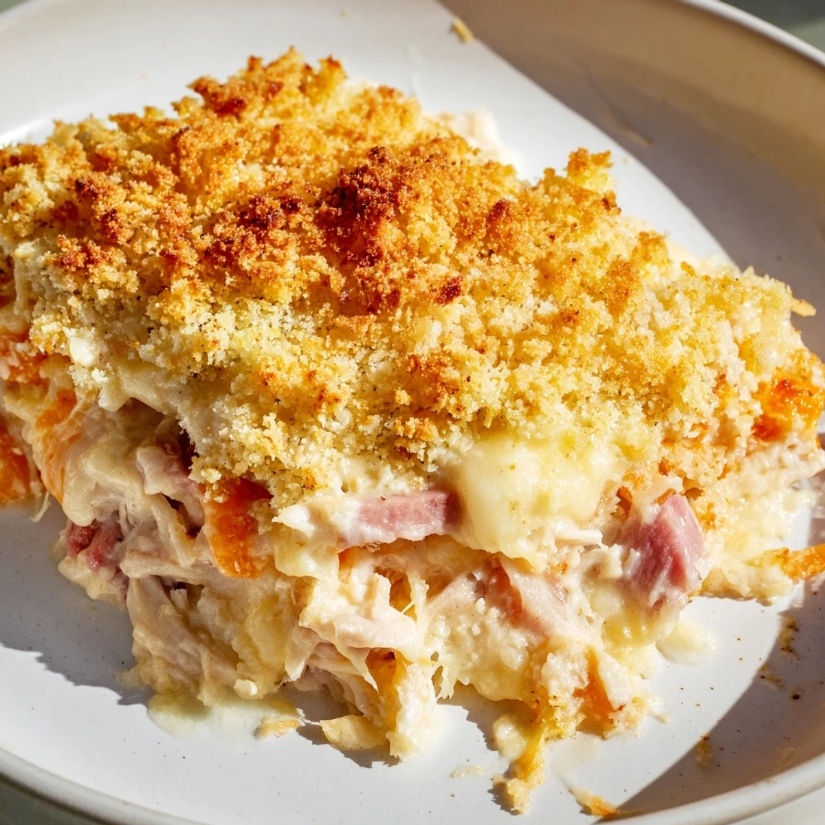 A beautiful baking dish of Chicken Cordon Bleu Casserole garnished with fresh parsley, paired with a crisp green salad.