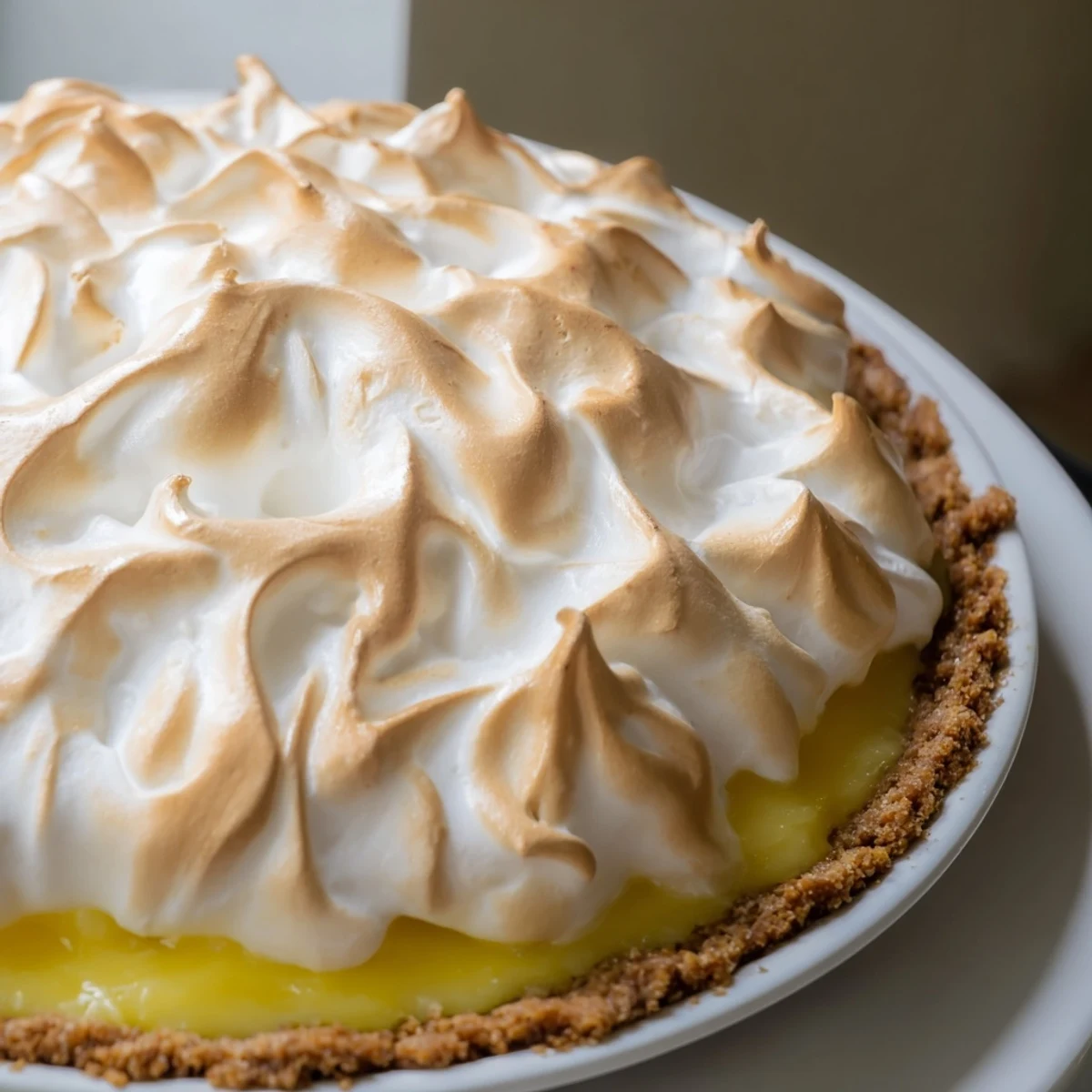 Close-up of Lemon Meringue Pie with Graham Cracker Crust, its golden-brown meringue peaks toasted and fluffy above tangy yellow lemon filling.