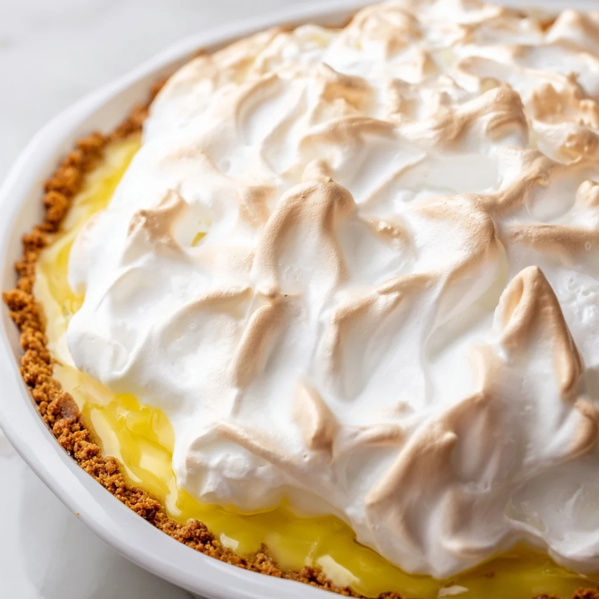 Freshly baked Lemon Meringue Pie with Graham Cracker Crust sits on a cooling rack, ready to be sliced into eight servings.