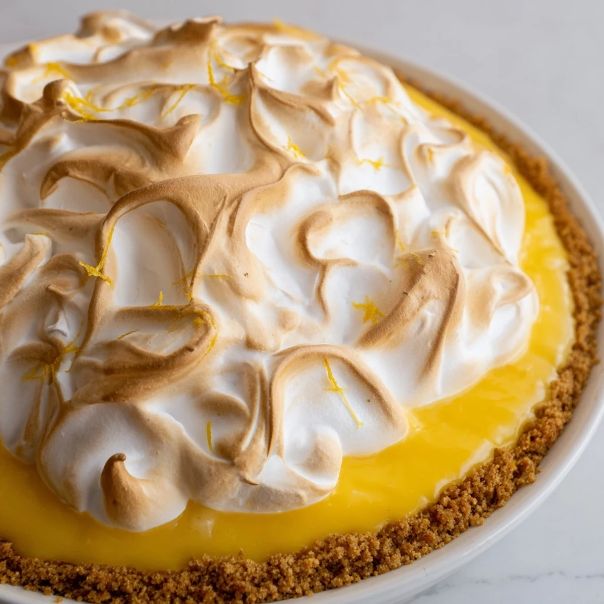 A beautiful slice of Lemon Meringue Pie with Graham Cracker Crust shows layers of crunchy crust, smooth lemon, and soft meringue.