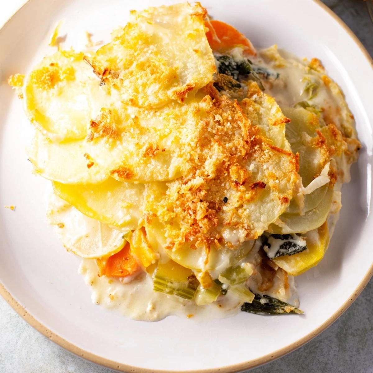 Winter Vegetable Gratin with Gruyere served warm in a rustic dish, featuring layers of carrots and parsnips.