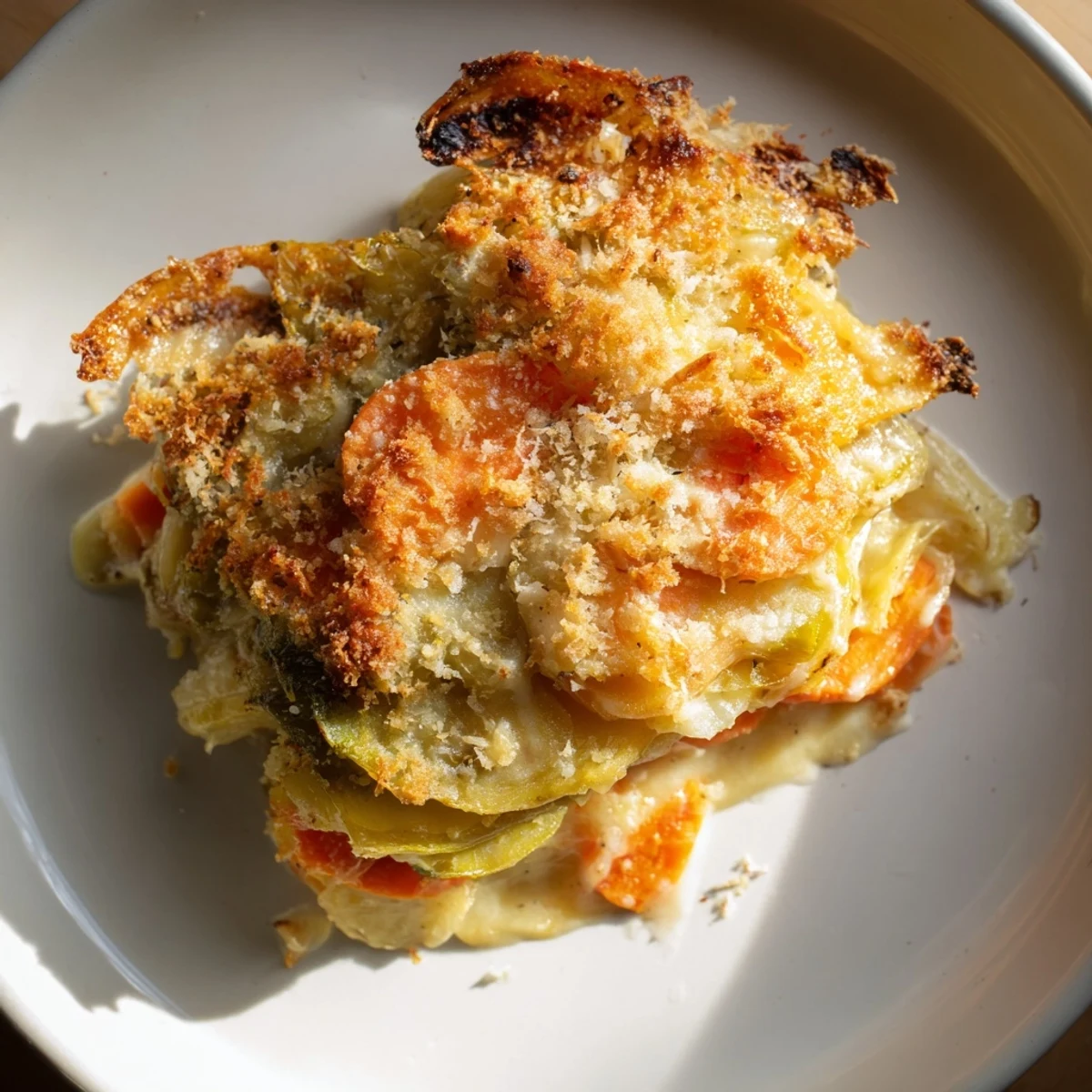 Creamy Winter Vegetable Gratin with Gruyere bubbles from the oven, topped with golden panko and thyme.