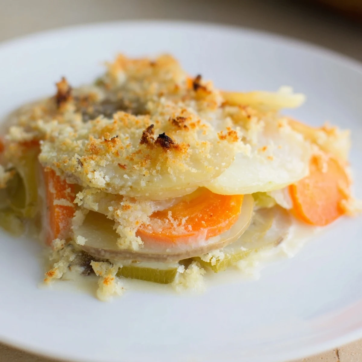 A slice of Winter Vegetable Gratin with Gruyere shows melted cheese sauce and tender roasted vegetables.