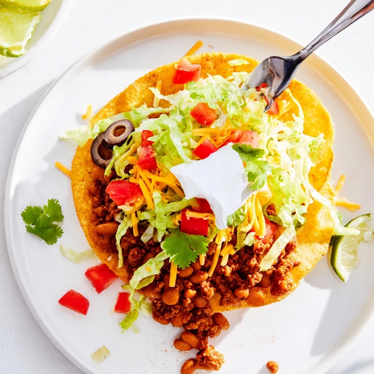 Golden crispy corn tostada shells hold a hearty scoop of seasoned ground beef and creamy refried beans topped with fresh lettuce and tomato.