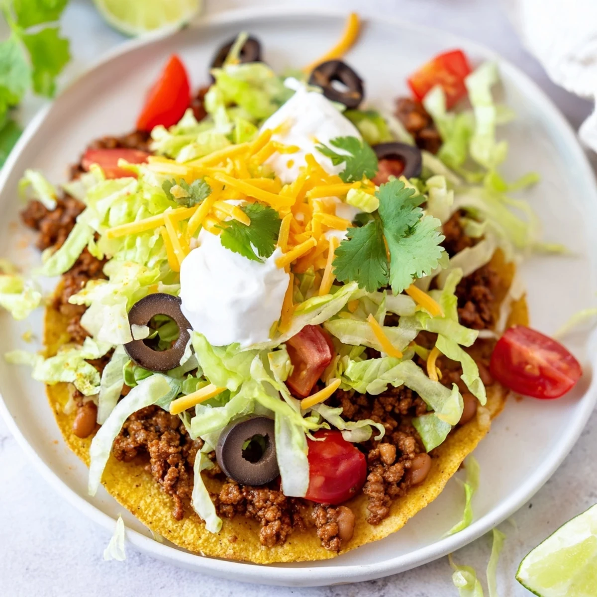 Freshly assembled Beef Tostadas with Refried Beans ready to serve, garnished with chopped cilantro and bright lime wedges on a rustic plate.