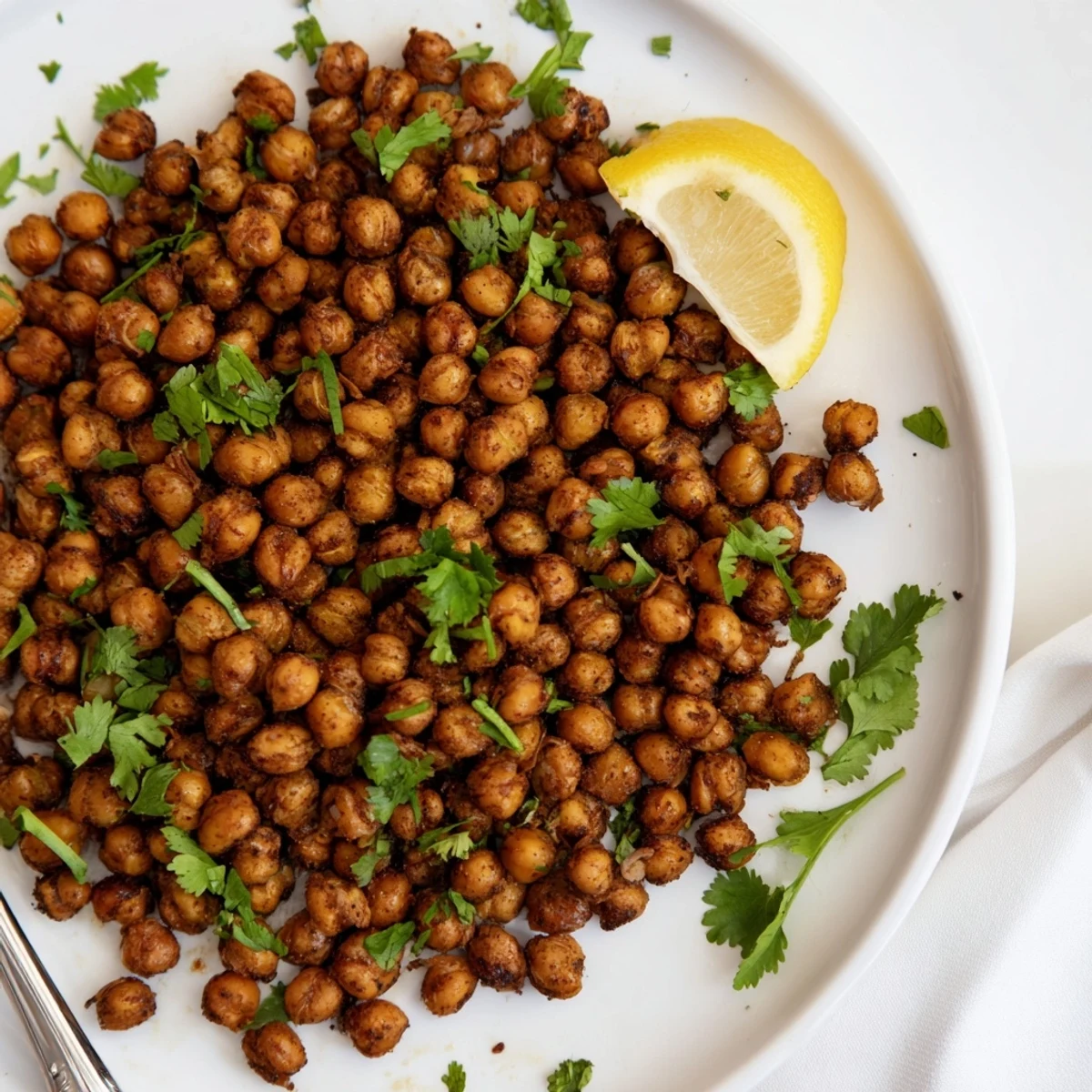 Golden-brown Spicy Roasted Chickpeas with Cumin are piled high on a baking sheet, garnished with fresh cilantro and lemon wedges for a zesty snack.