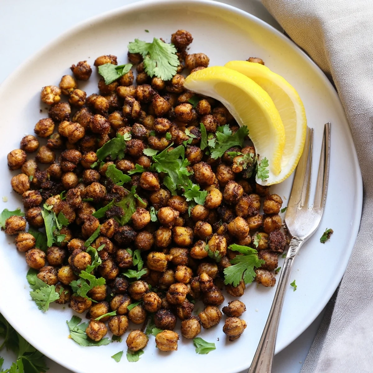 A close-up of Spicy Roasted Chickpeas with Cumin shows their crispy texture and warm, golden color, served in a rustic bowl with a sprinkle of parsley.