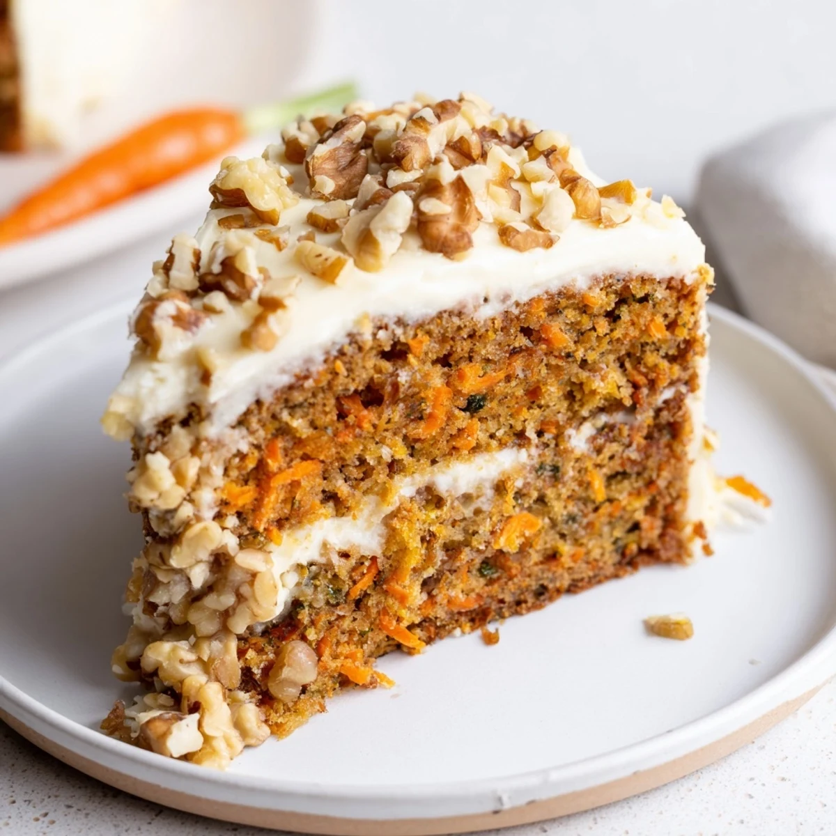 A close-up of frosted Easter Carrot Cake with Walnuts served on a pastel plate beside a cup of coffee.