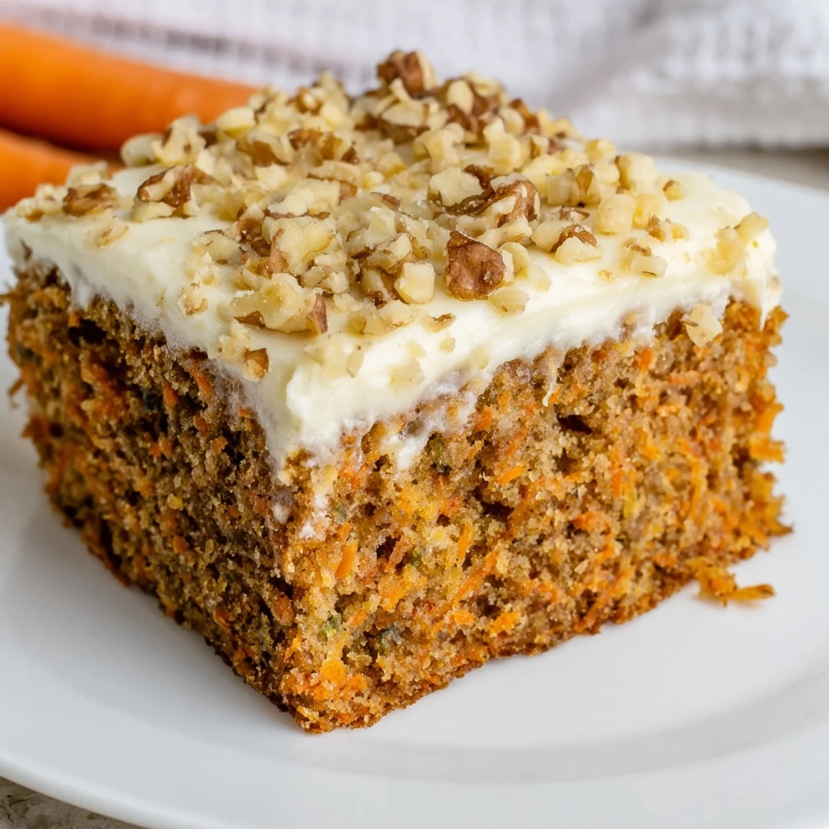 Moist slices of Easter Carrot Cake with Walnuts topped with creamy frosting and extra chopped nuts.