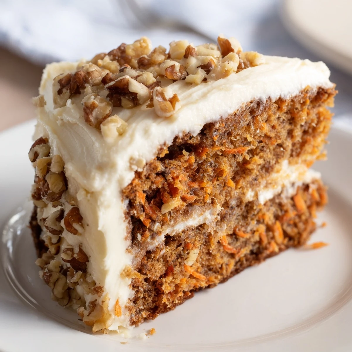 Easter Carrot Cake with Walnuts sliced to reveal tender crumbs and crunchy nut pieces on a spring table.