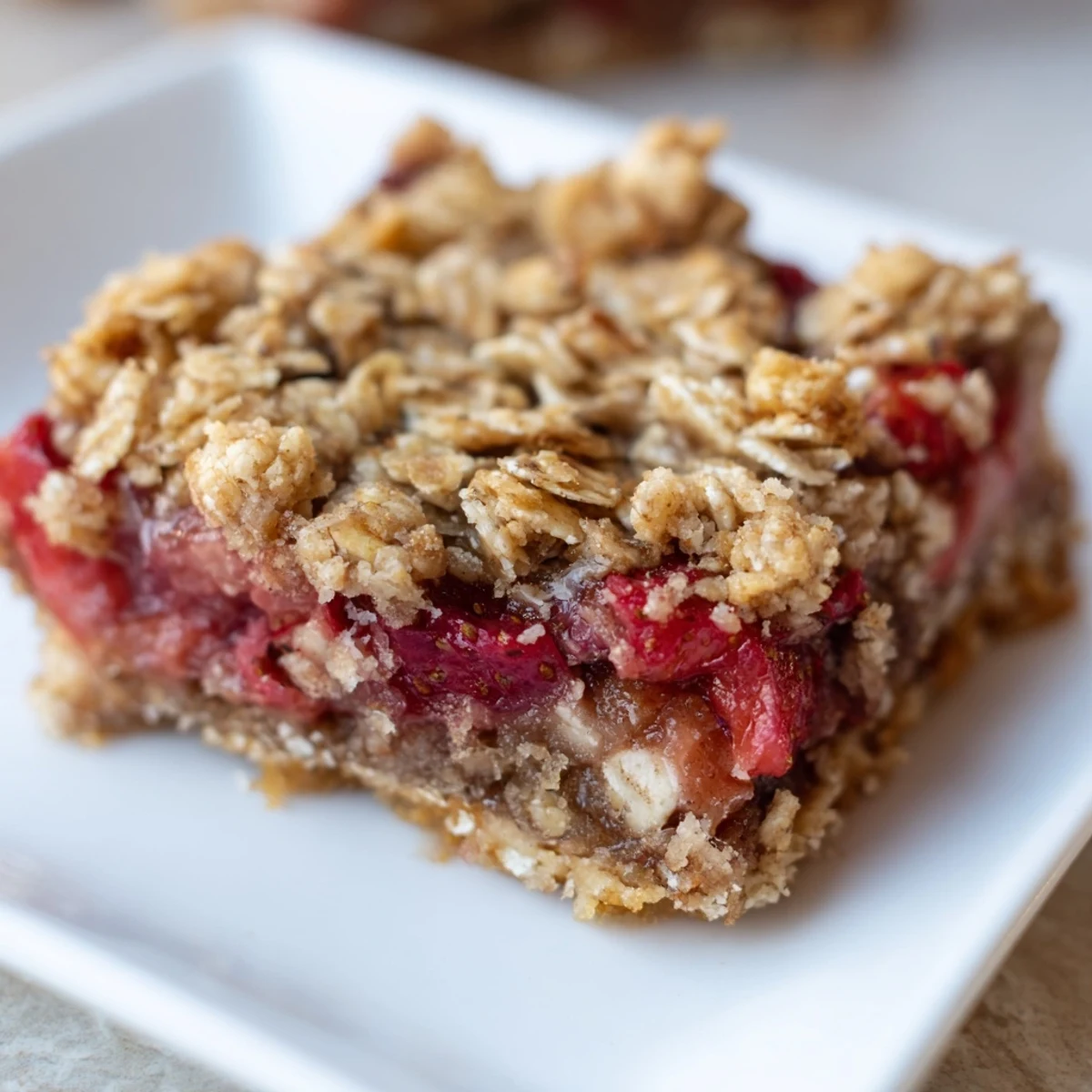 A close-up of homemade Strawberry Rhubarb Crumble Bars showing golden oat crumble topping with visible fruit filling on a rustic wooden table.