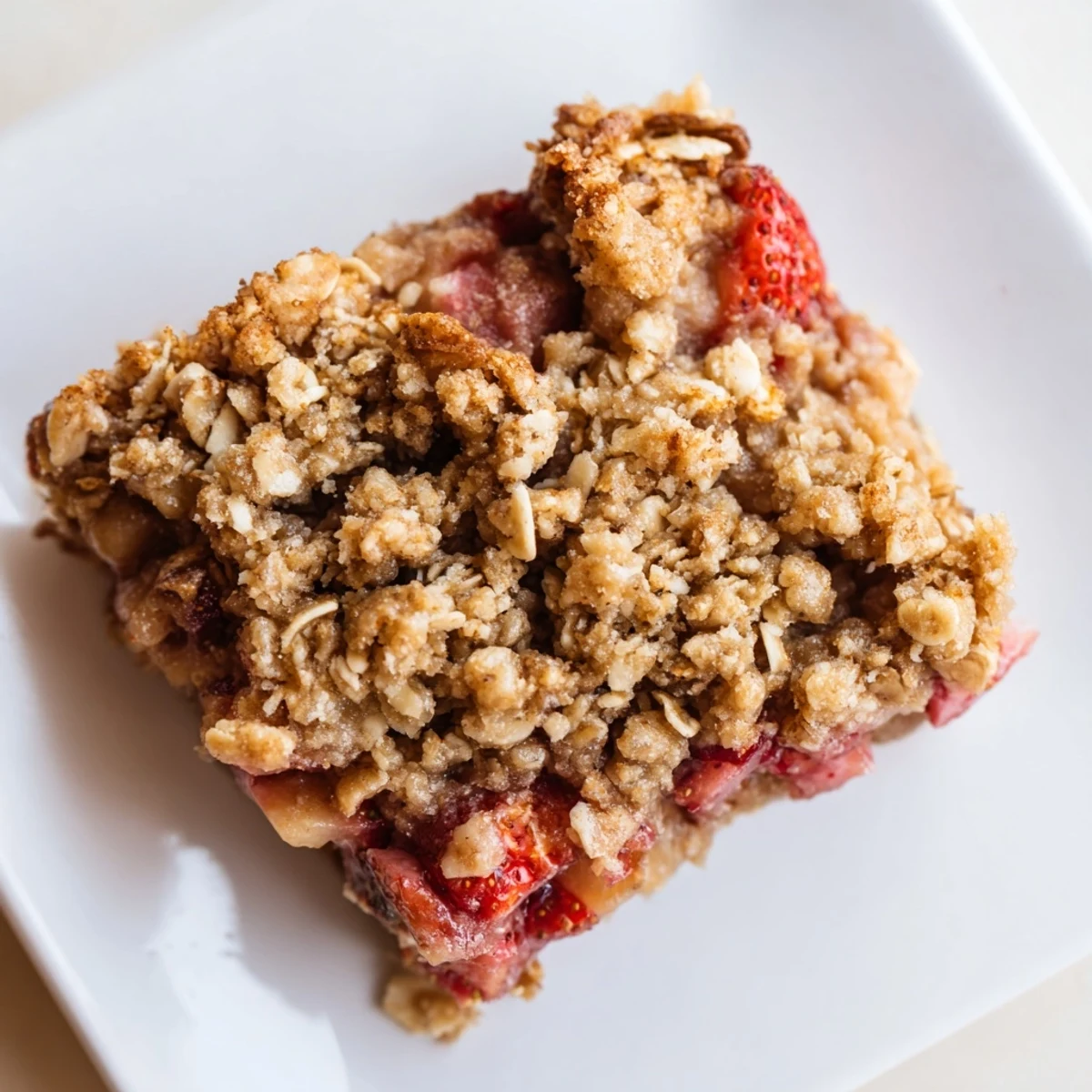 A square serving of Strawberry Rhubarb Crumble Bars with bubbly strawberry and rhubarb filling, ready to be enjoyed with a scoop of vanilla ice cream.