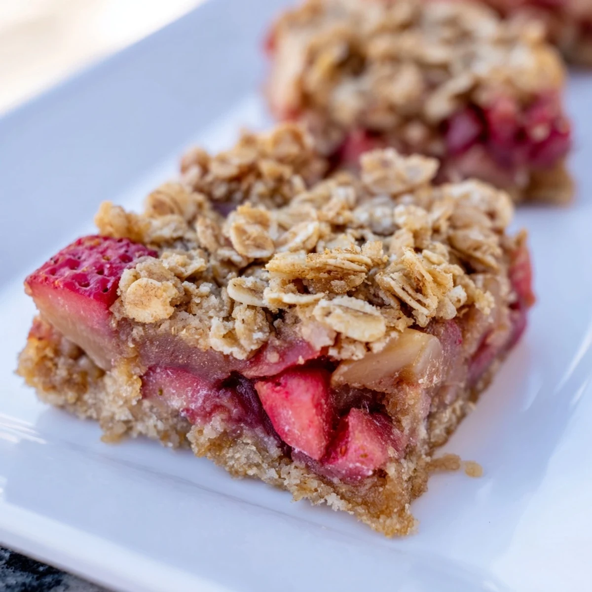 A stacked display of Strawberry Rhubarb Crumble Bars cut into neat squares, revealing layers of crumbly oat base and sweet-tart fruit filling.