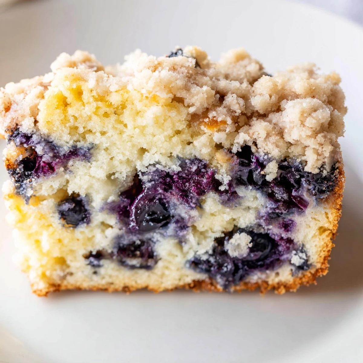 A slice of Lemon Blueberry Coffee Cake shows golden streusel topping and vibrant berries on a white plate.