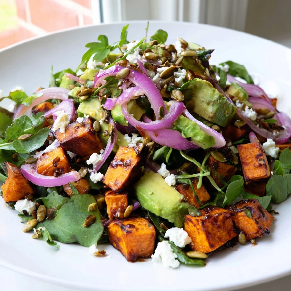 Caramelized roasted sweet potatoes glisten on a plate beside crisp greens and avocado chunks in this Roasted Sweet Potato Salad with Lime.