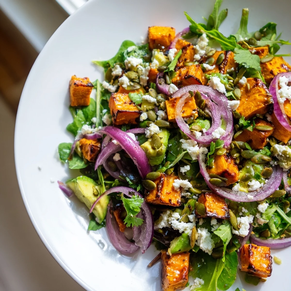 Roasted Sweet Potato Salad with Lime topped with creamy feta and pumpkin seeds on a bed of mixed greens near a lime wedge.