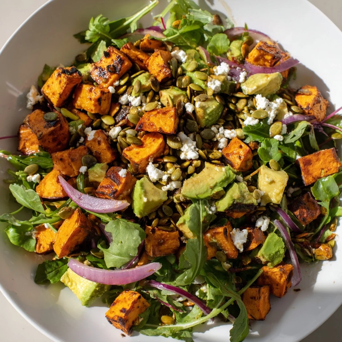 A colorful bowl of Roasted Sweet Potato Salad with Lime features tender sweet potatoes, cilantro, and a zesty lime dressing ready to serve.