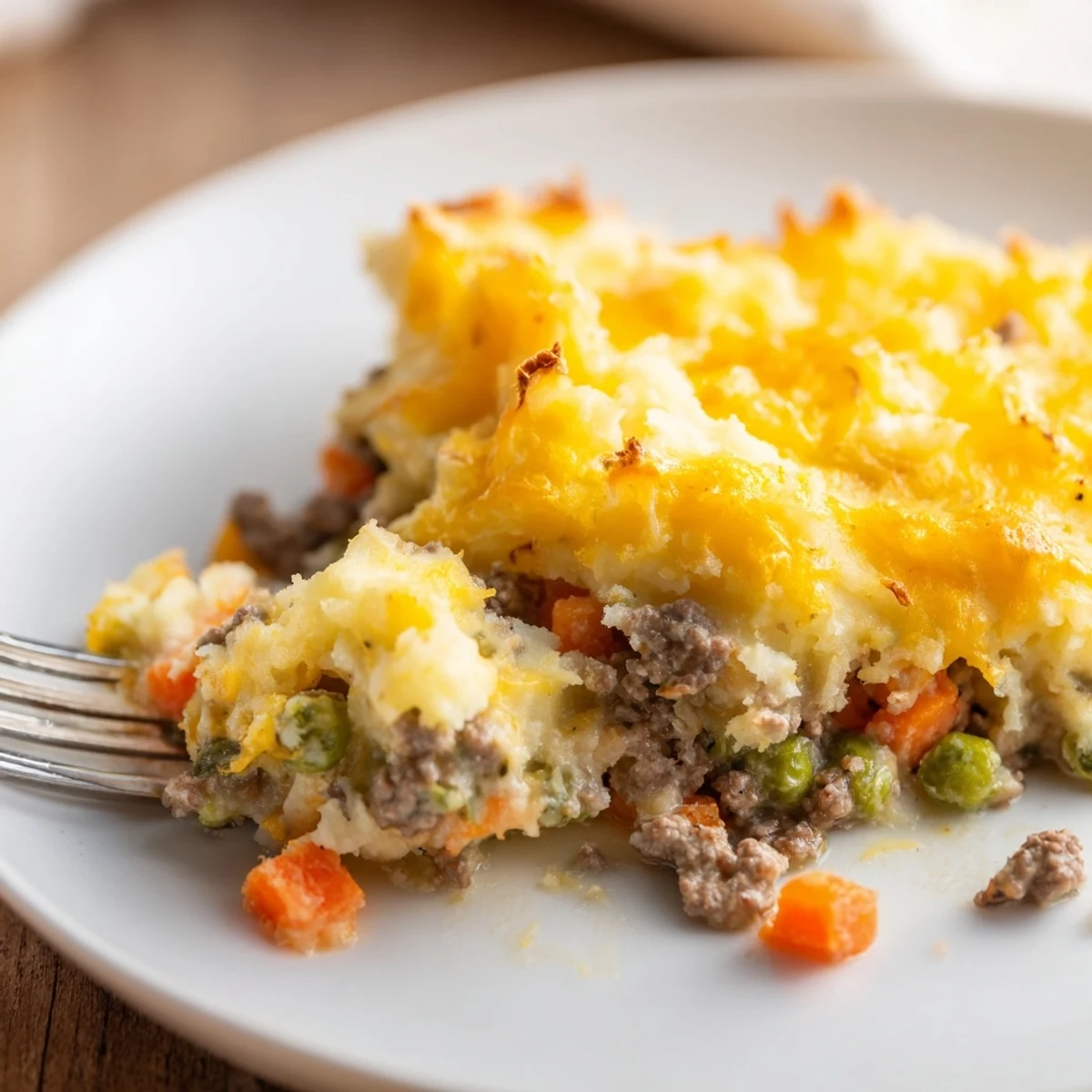 A close-up of Beef Shepherds Pie with Cheddar Mash, golden bubbly cheese topping over rich beef filling with peas and carrots.