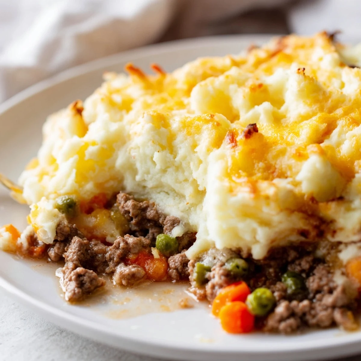 Beef Shepherds Pie with Cheddar Mash served in a skillet, creamy cheesy potatoes over savory beef and vegetable stew, steam rising.