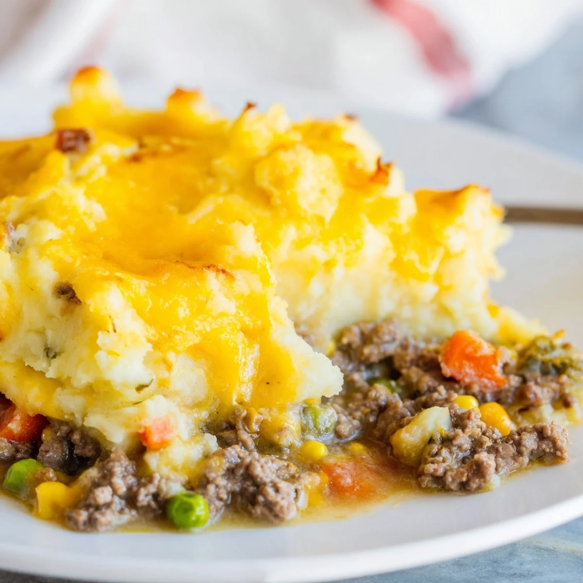 Top view of Beef Shepherds Pie with Cheddar Mash, rustic baking dish with fork marks, ready to serve for a cozy dinner.