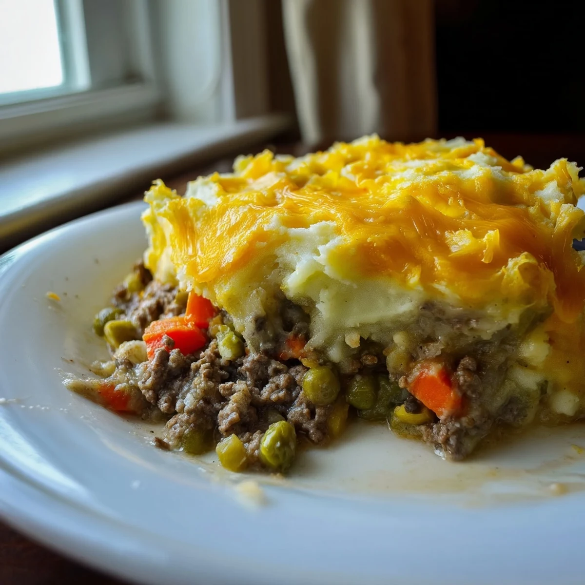 Golden Beef Shepherds Pie with Cheddar Mash bubbling from the oven with a rich, savory filling and crispy potato peaks.