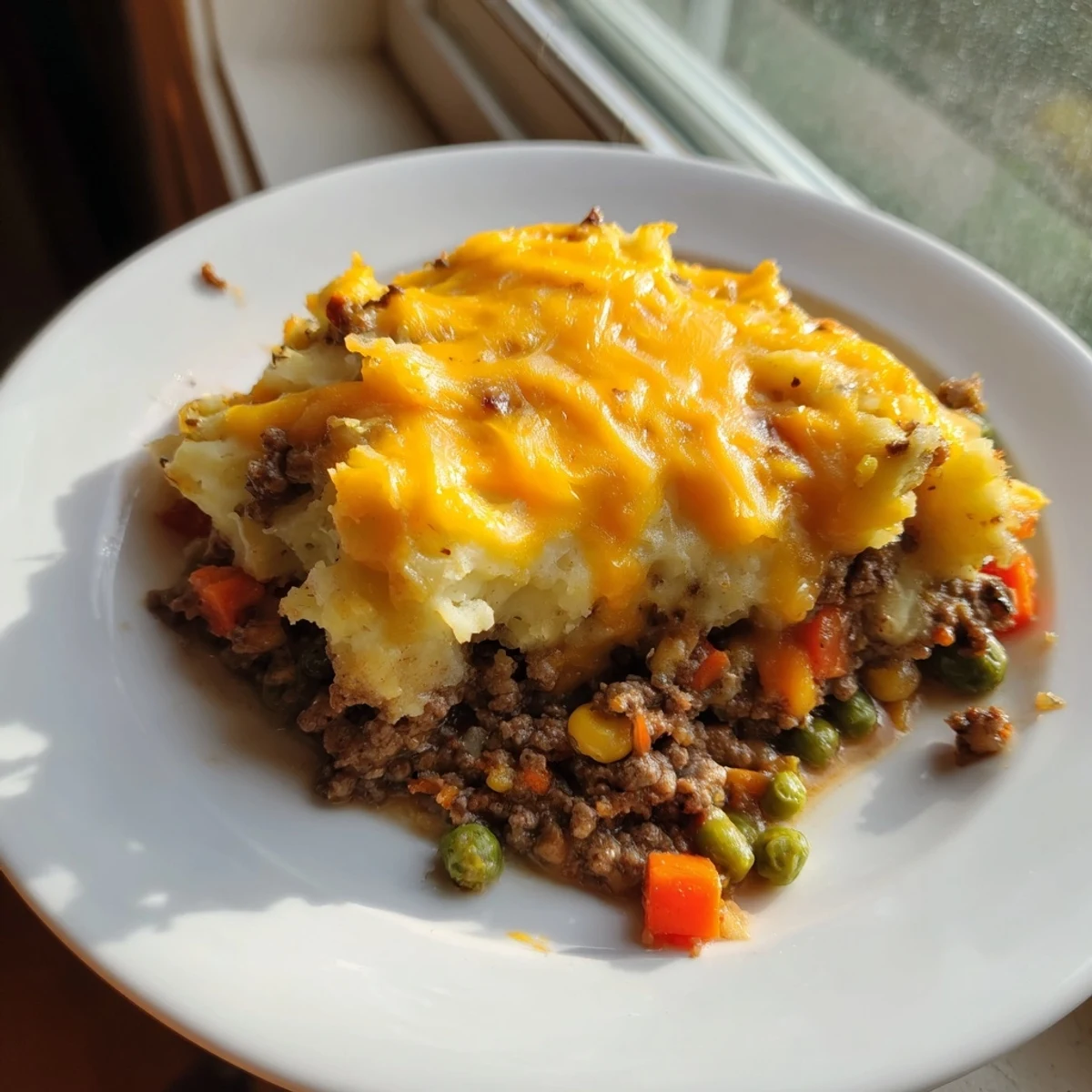 Hearty Beef Shepherds Pie with Cheddar Mash served in a rustic dish beside a fresh green salad and red wine.