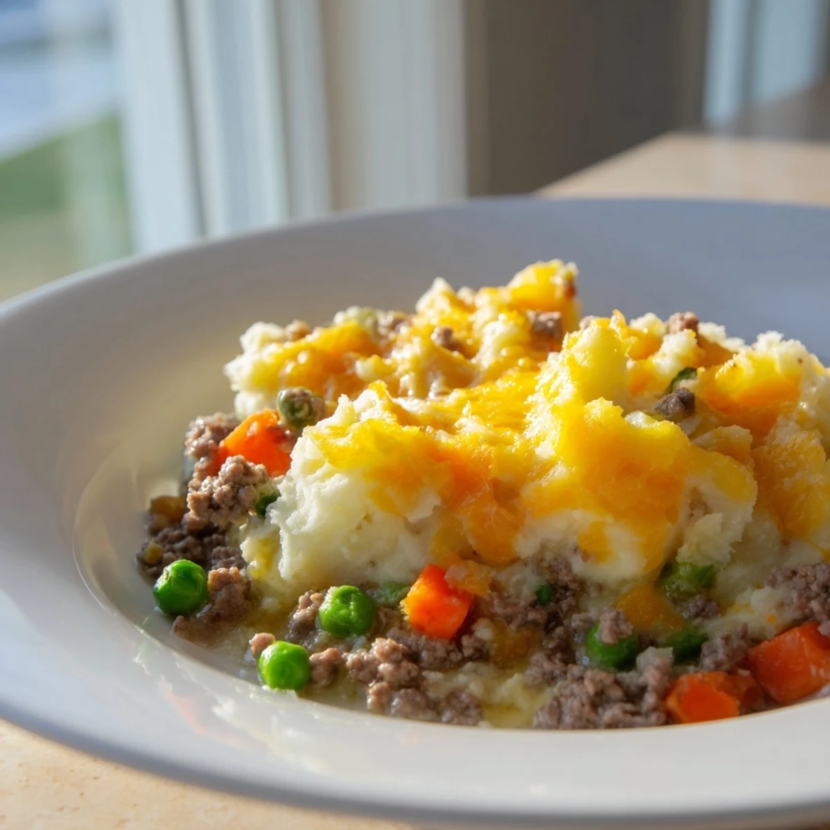 Spoonful of Beef Shepherds Pie with Cheddar Mash lifted to show melted cheddar and tender beef and vegetable layers.