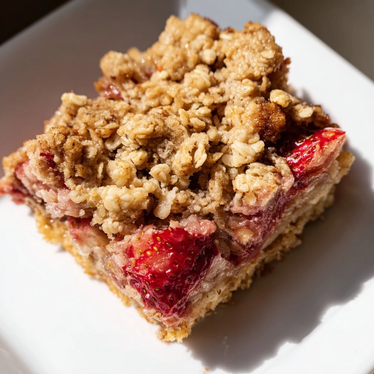 Golden-baked Strawberry Rhubarb Crumble Bars with a bubbling, sweet-tart fruit filling and a crisp oat topping.