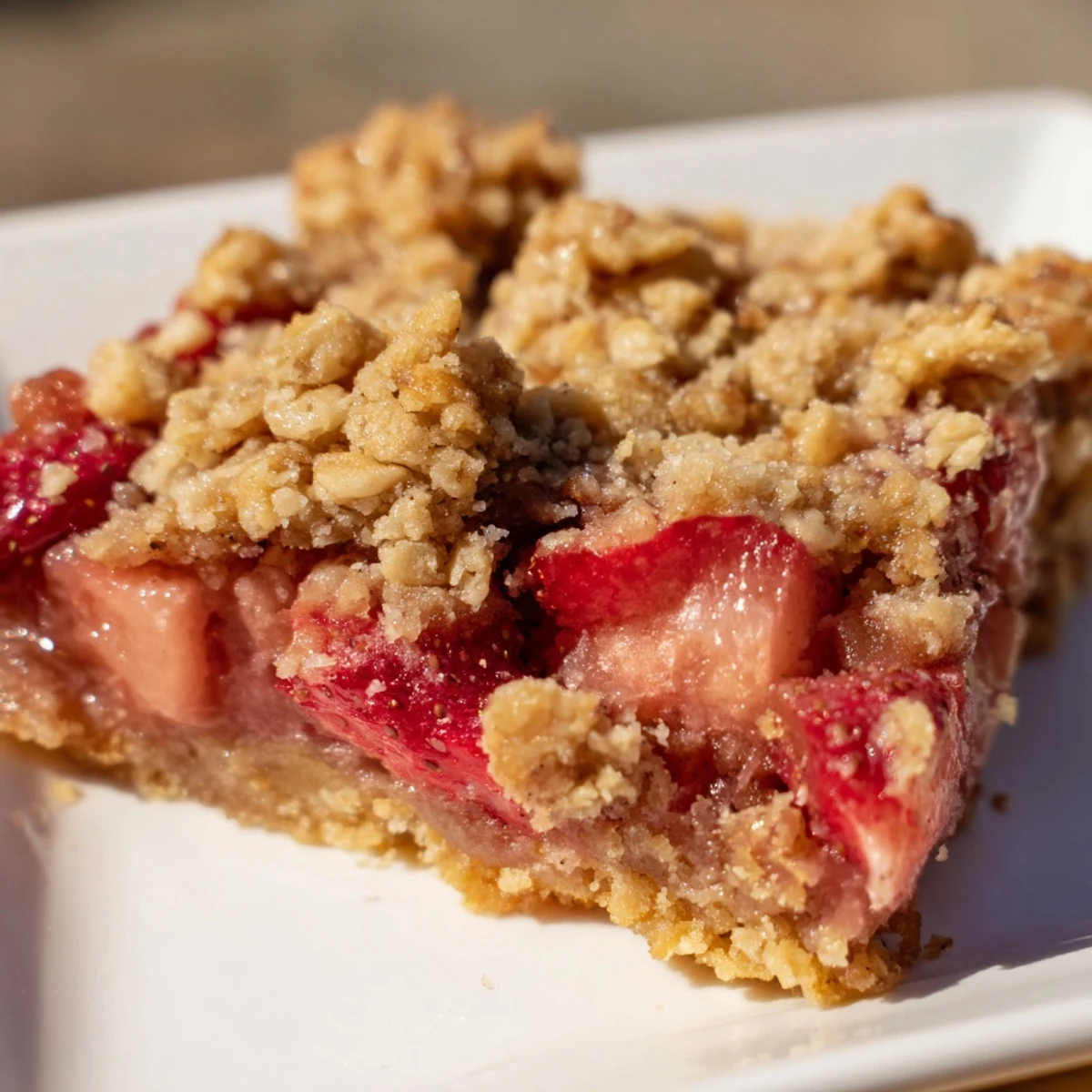 A close-up of homemade Strawberry Rhubarb Crumble Bars served on a rustic wooden board with fresh berries.