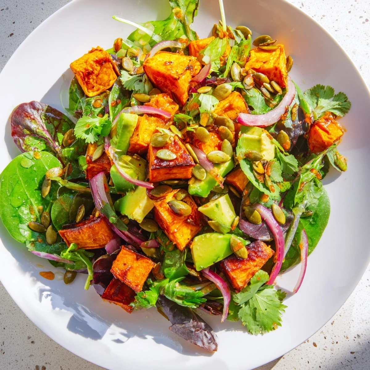 A hearty plate of Roasted Sweet Potato Salad with sliced red onion, cilantro, and crunchy pumpkin seeds over a bed of greens.