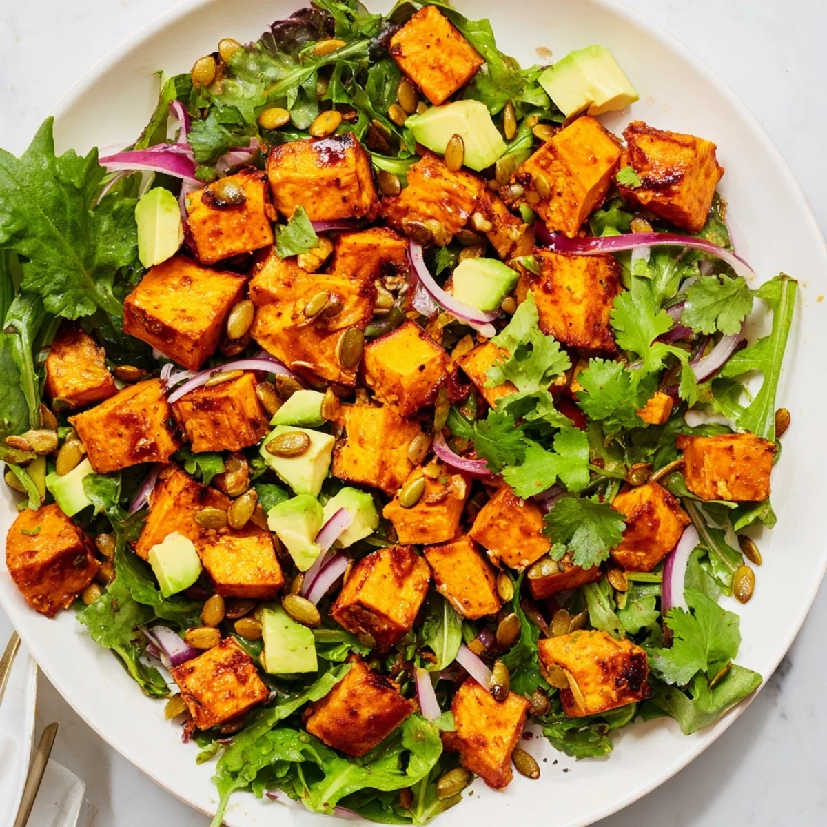 Caramelized roasted sweet potatoes, fresh greens, and creamy avocado tossed in zesty lime dressing for a vibrant Roasted Sweet Potato Salad.