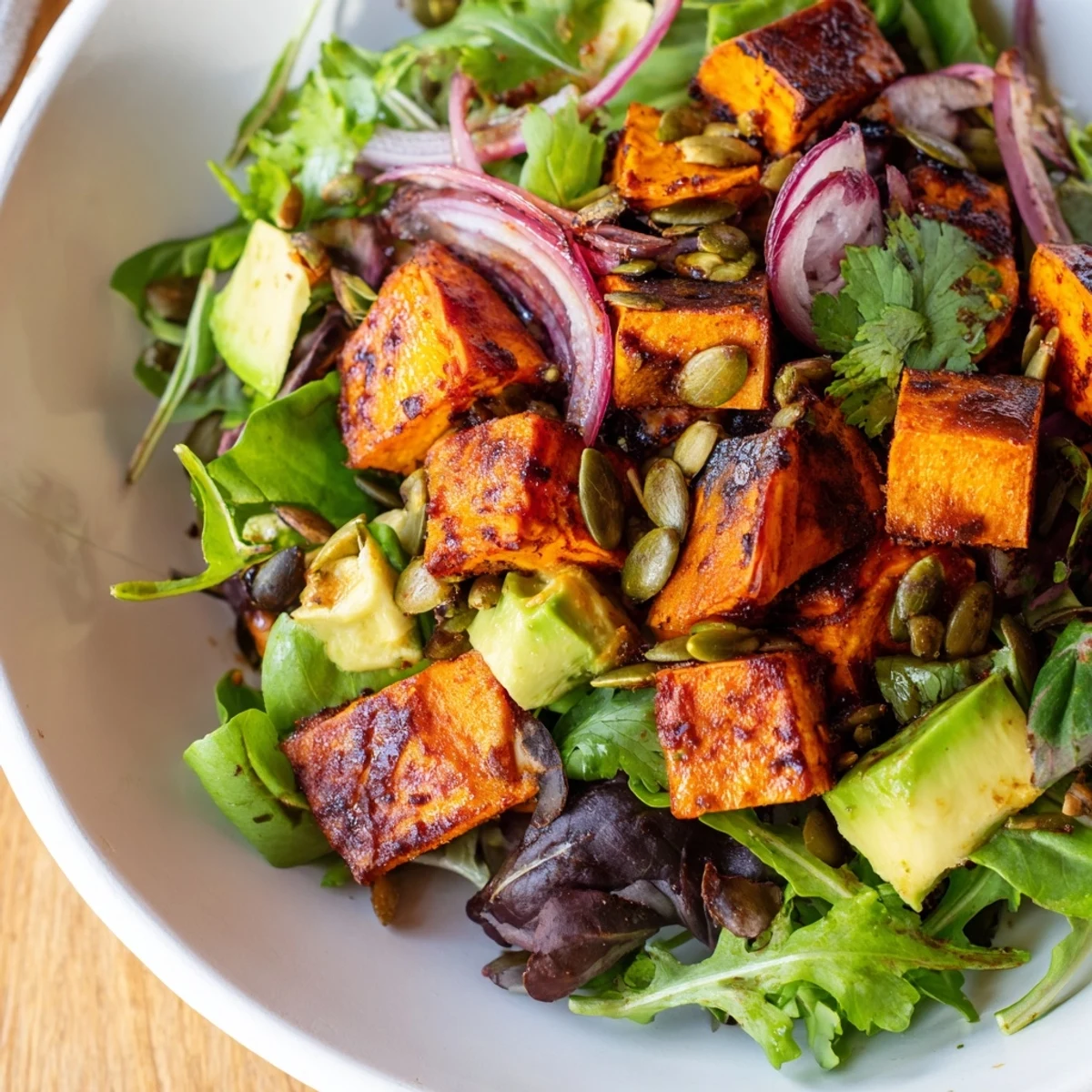 Serving suggestion for Roasted Sweet Potato Salad with avocado chunks and bright lime dressing, perfect as a light vegetarian side dish.