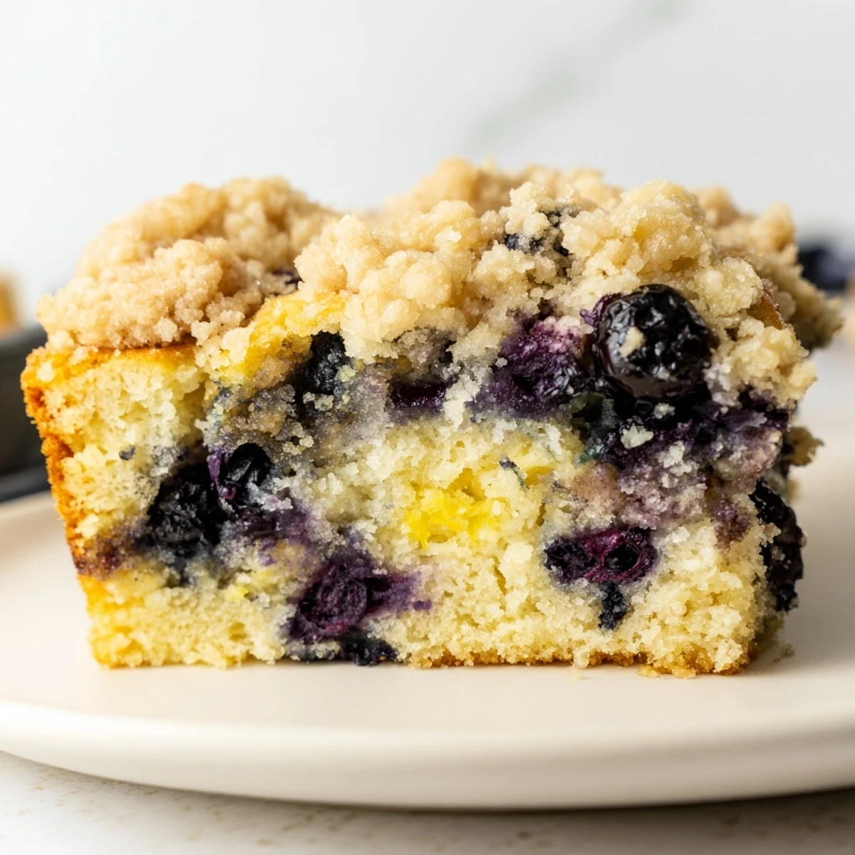 Freshly baked Lemon Blueberry Coffee Cake with Crumble sits on a wire rack, featuring a golden crumble topping and bright lemon zest aroma.