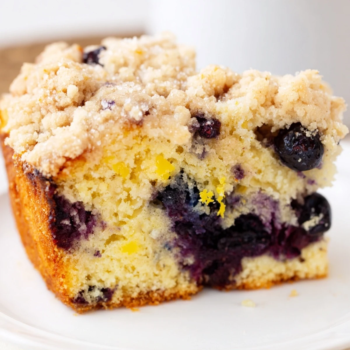Golden slices of Lemon Blueberry Coffee Cake with Crumble show juicy blueberries in a moist crumb, topped with buttery streusel on a white plate.