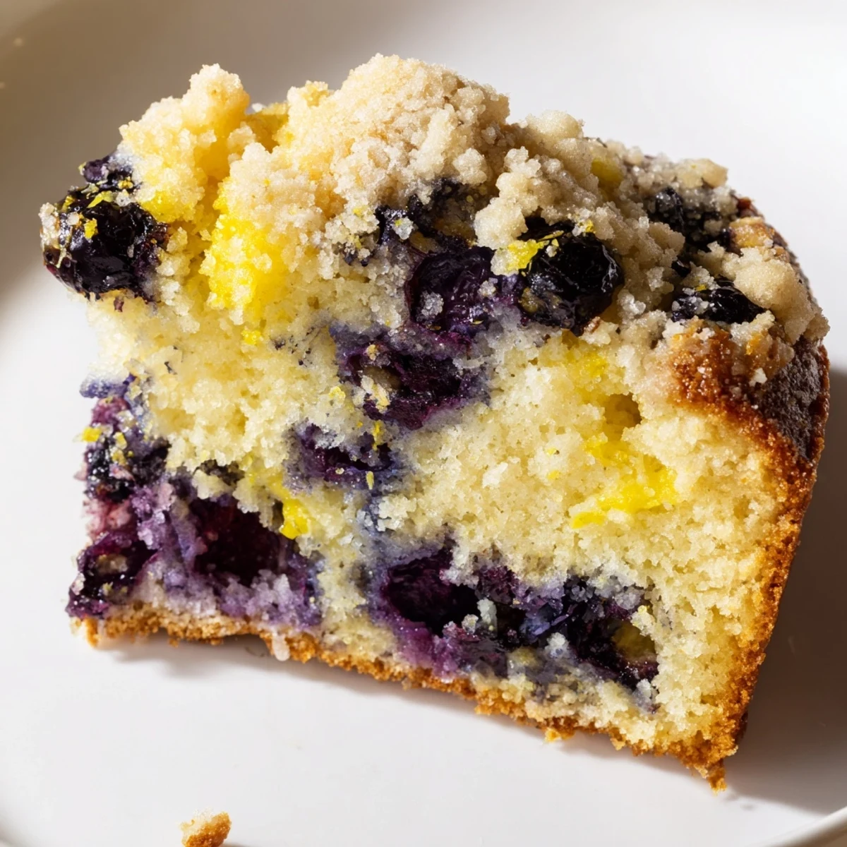 A close-up of Lemon Blueberry Coffee Cake with Crumble highlights tart lemon glaze drizzled over tender cake, perfect for an American breakfast or brunch.