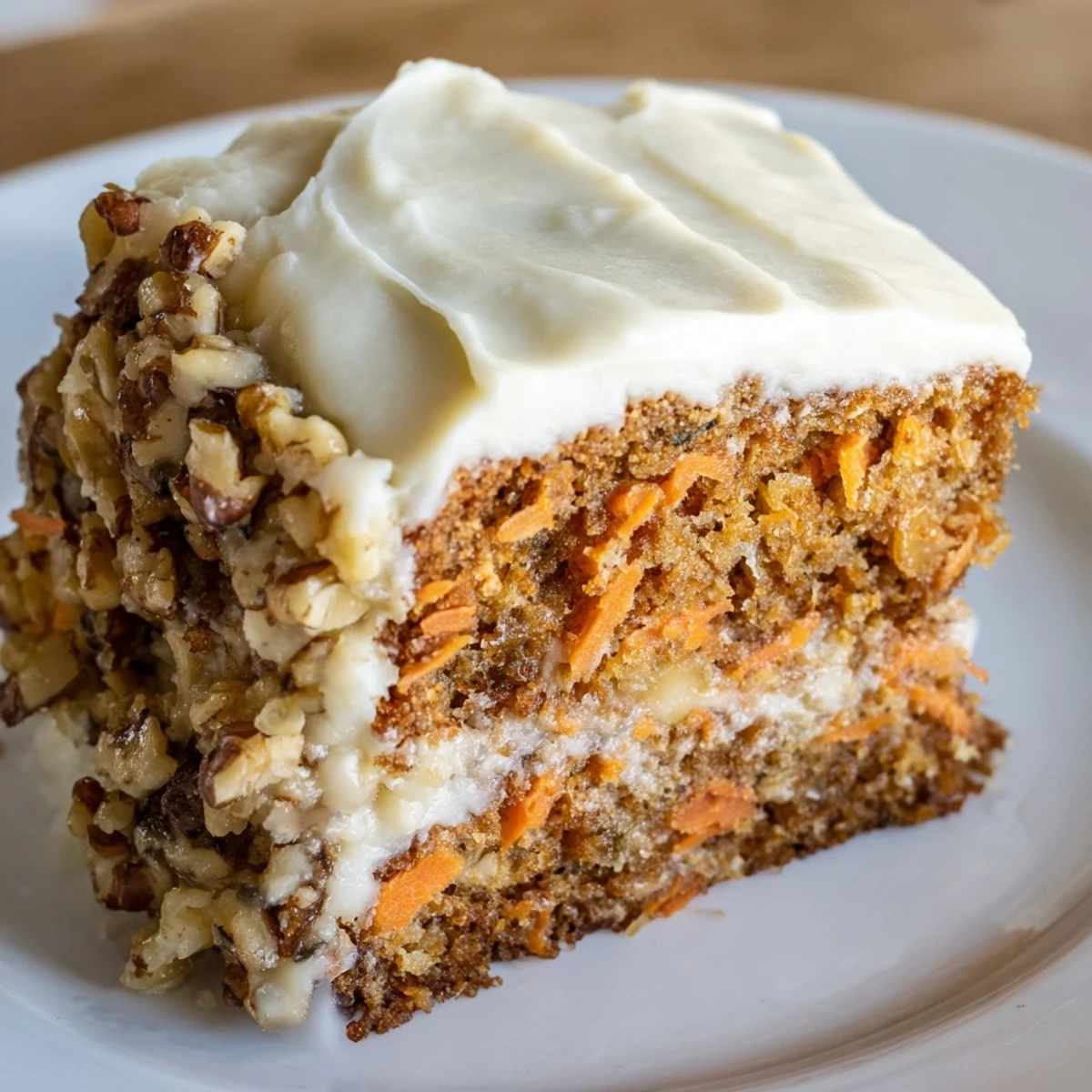 A slice of Easter Carrot Cake with Walnuts and Pineapple shows cream cheese frosting and toasted walnuts on a pastel plate.  