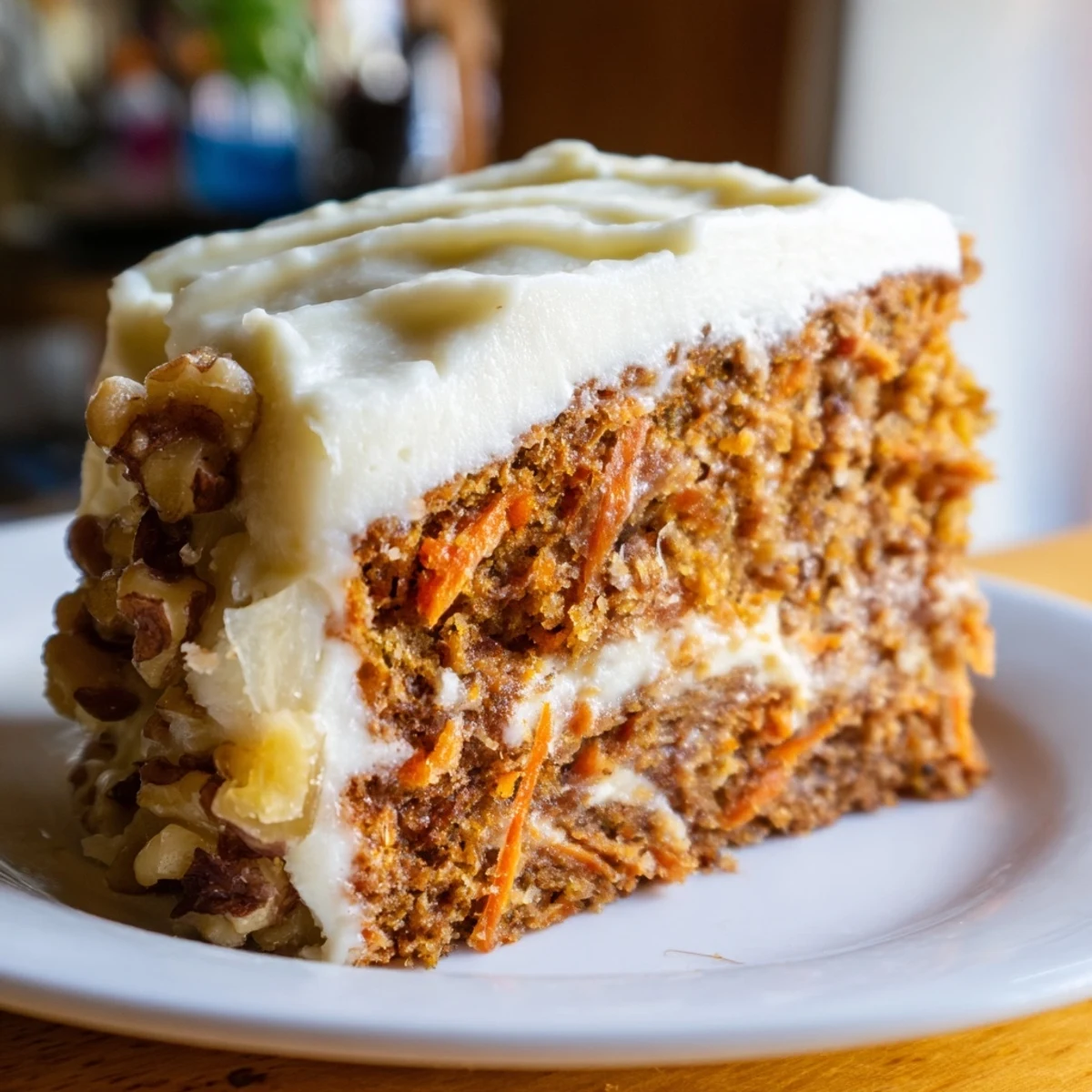 Freshly baked Easter Carrot Cake with Walnuts and Pineapple layered with cream cheese frosting on a spring table.  