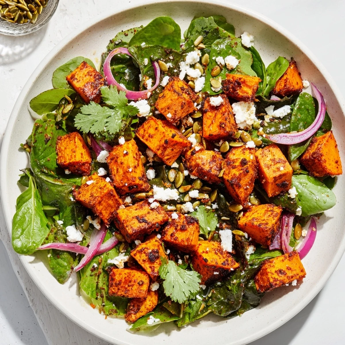 Roasted Sweet Potato Salad with Lime Dressing showcases golden, caramelized sweet potato cubes atop fresh greens.  