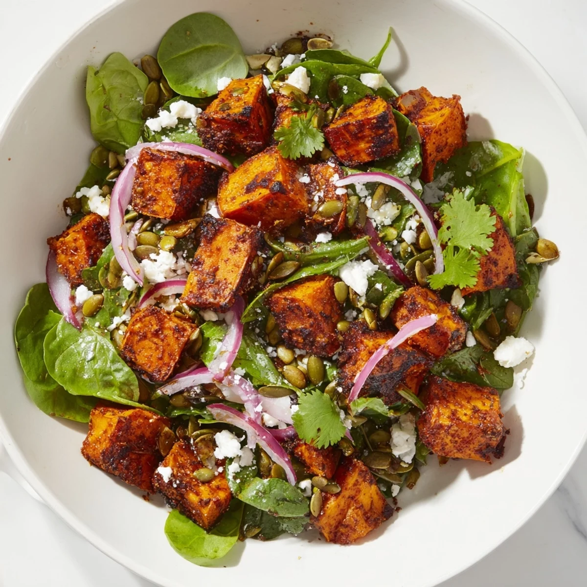 This Roasted Sweet Potato Salad with Lime Dressing features vibrant colors and creamy feta crumbles for contrast.  