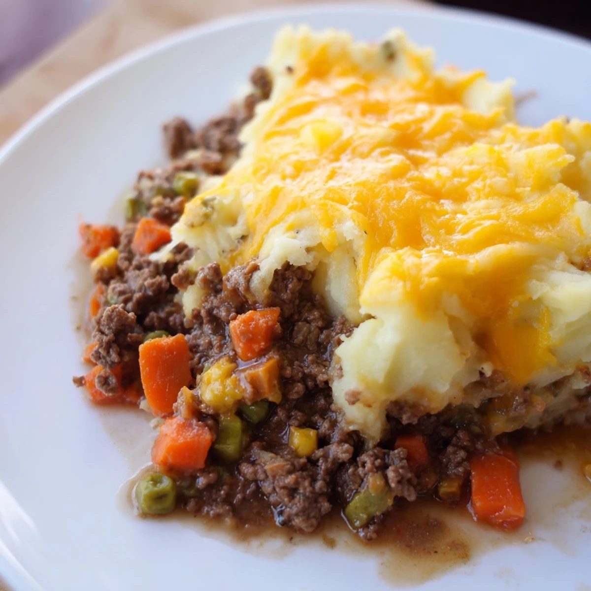 A close-up of Beef Shepherds Pie with Cheddar Mash, showing golden baked potato topping over savory beef filling.