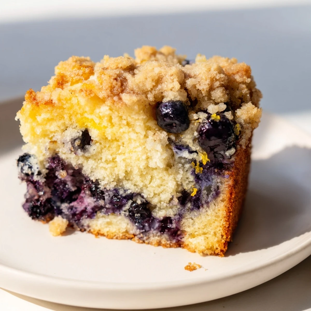 Fresh Lemon Blueberry Coffee Cake with Crumble sits on a cooling rack, displaying a golden-brown crumb topping studded with plump blueberries.