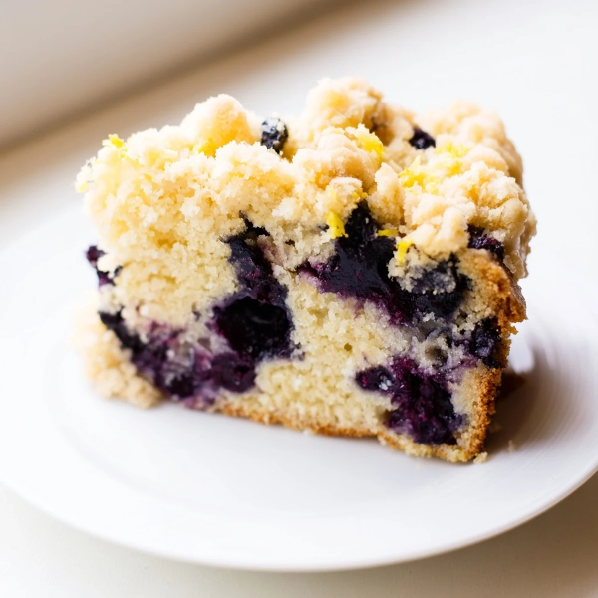A freshly baked Lemon Blueberry Coffee Cake with Crumble reveals juicy blueberries and a buttery lemon glaze on a white ceramic plate.