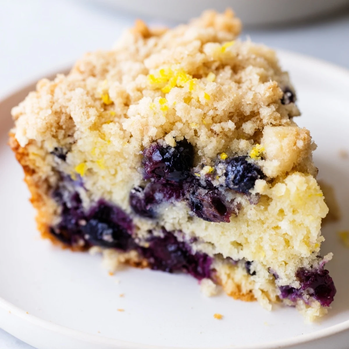 Slice of moist Lemon Blueberry Coffee Cake with Crumble, revealing tender crumb and blueberries, plated next to a steaming cup of coffee.