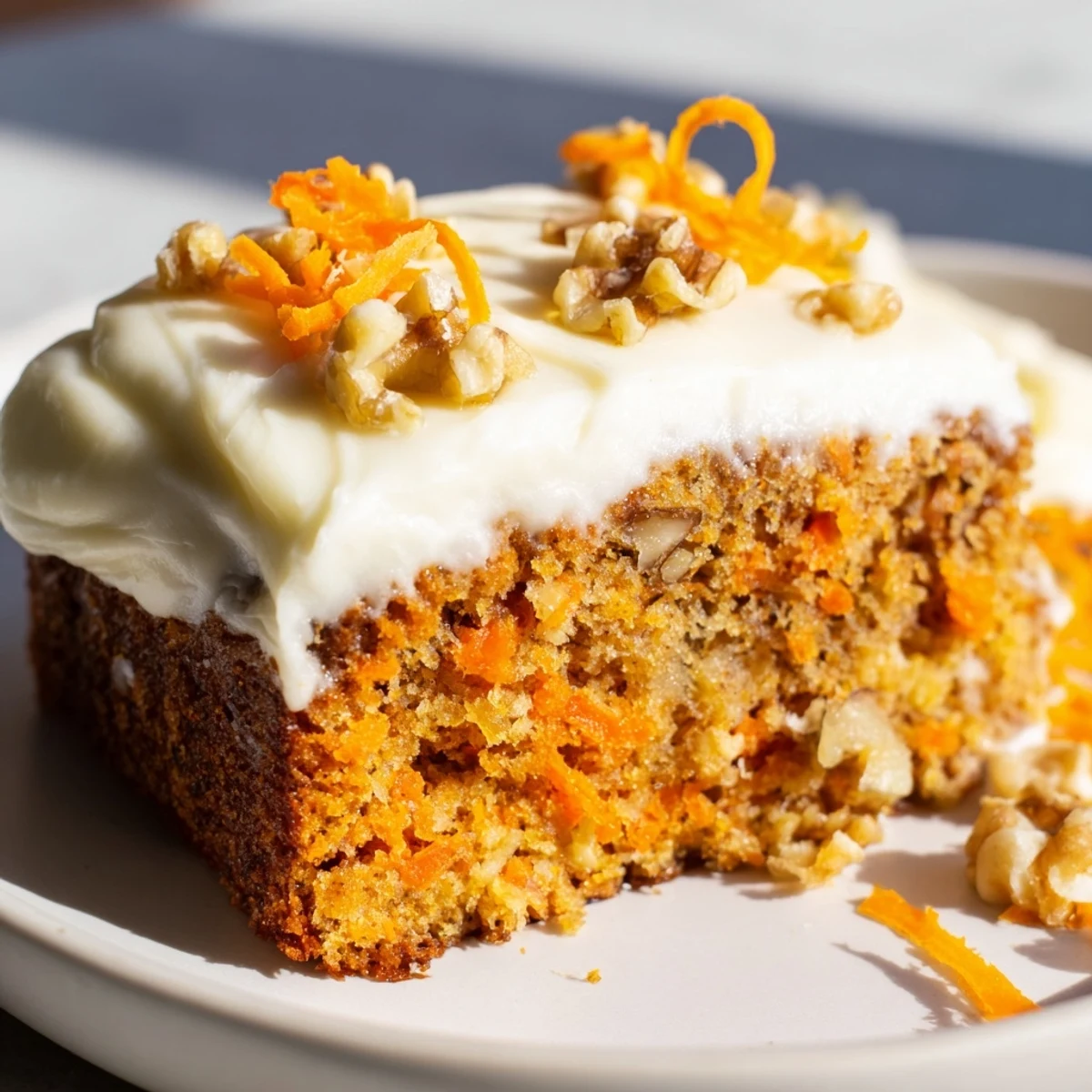 Two-layer Easter Carrot Cake with Walnuts and Pineapple on a cake stand, crowned with cream cheese frosting and garnished with carrot curls.